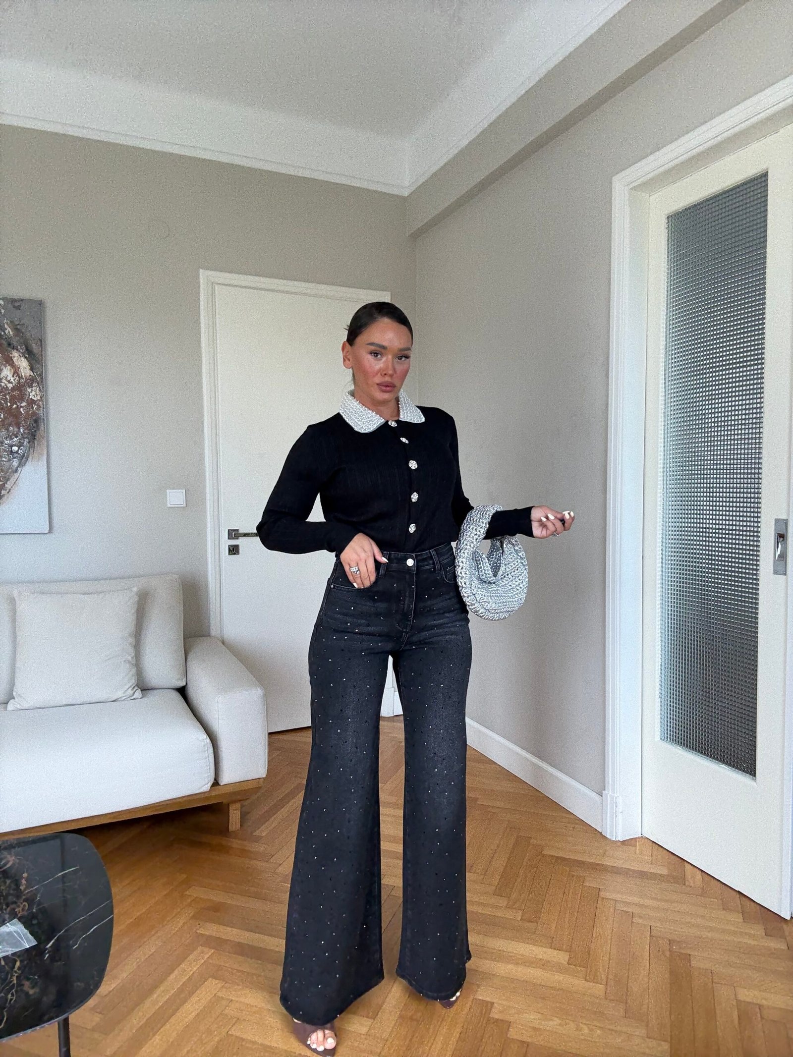 XHINSE TË ZEZA WIDE LEG ME GURË DEKORATIVË