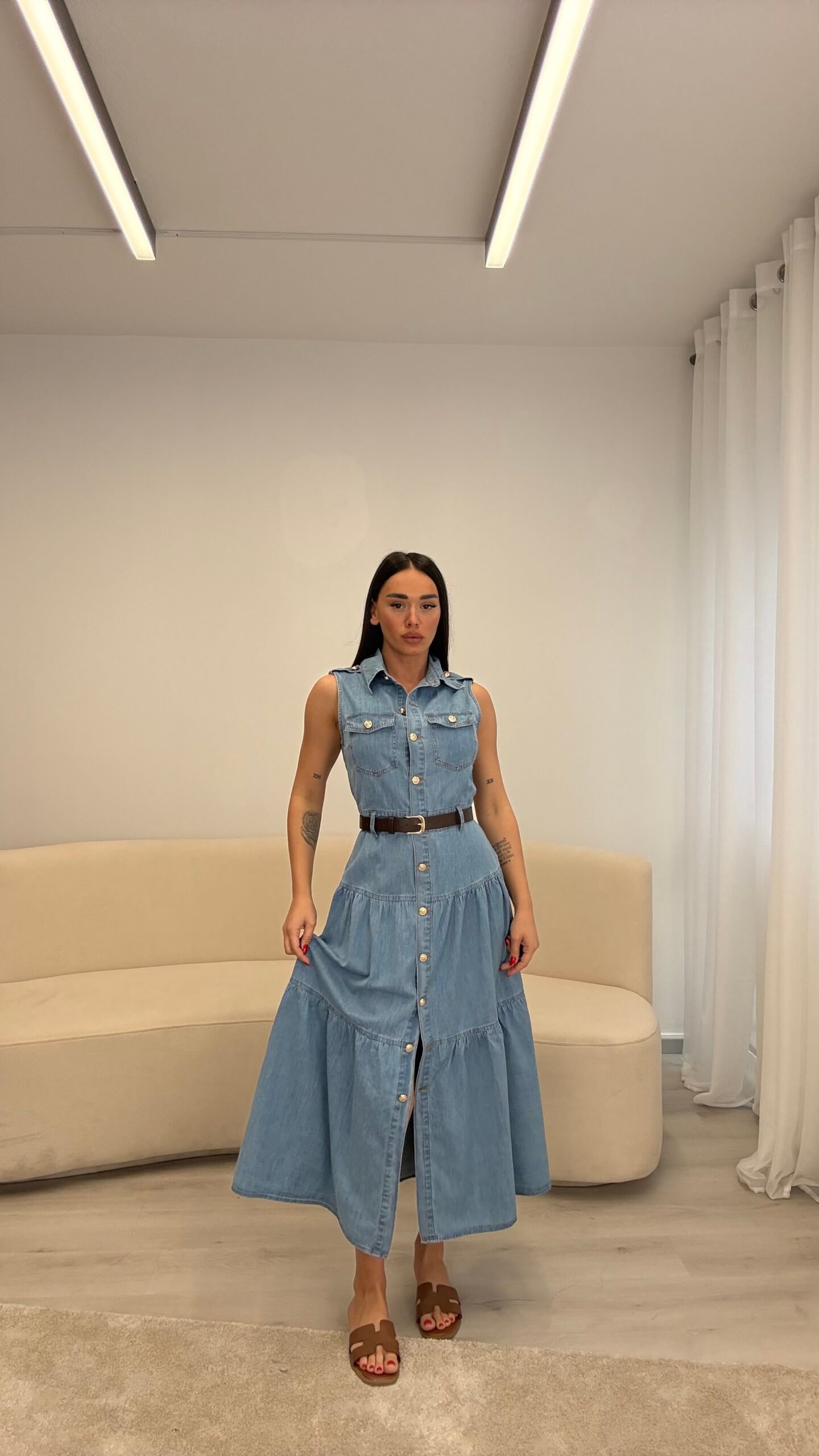 FUSTAN I GJATË JEANS ME RRIP NË BEL